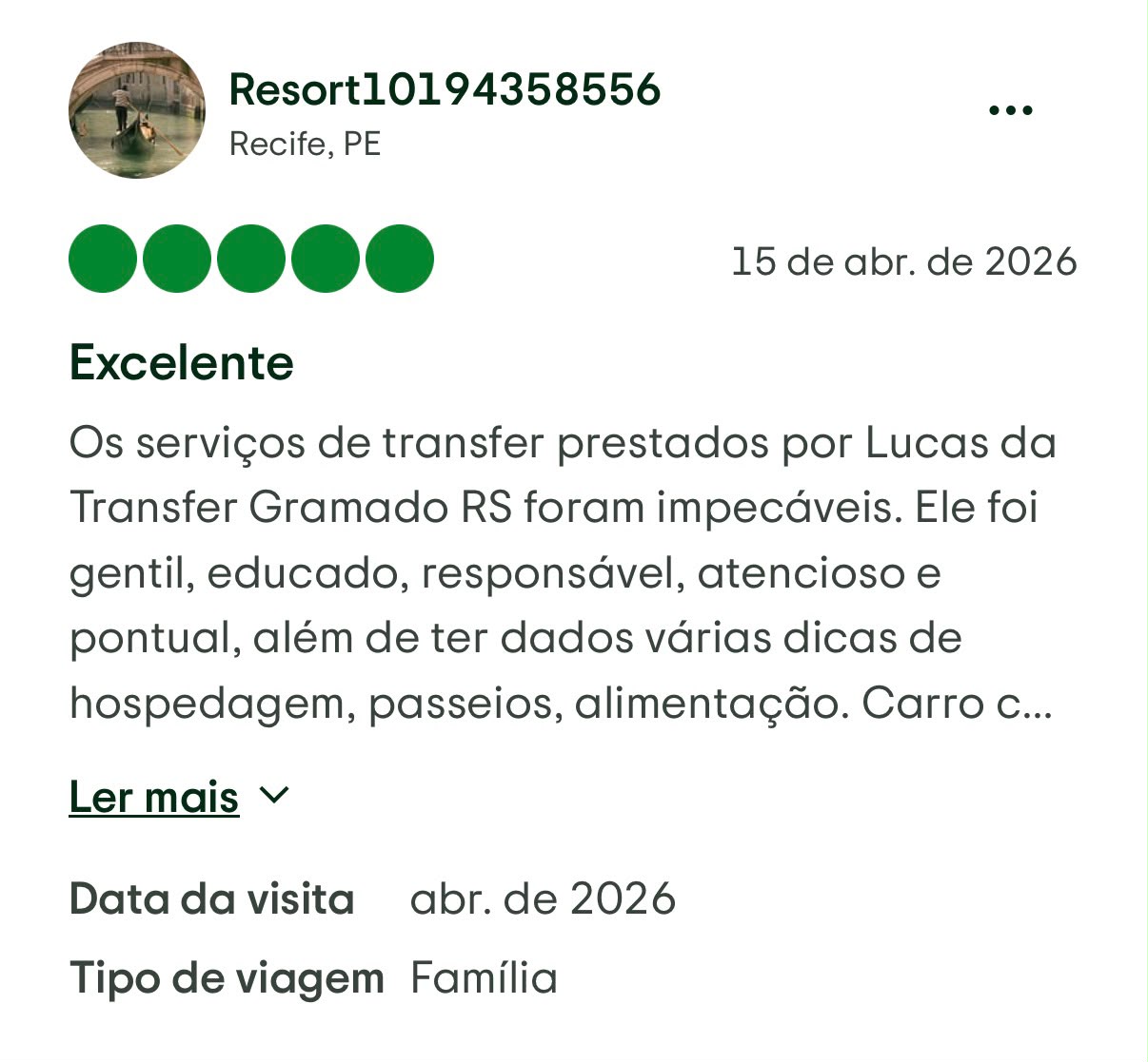 Avaliação de cliente da Transfer Gramado RS
