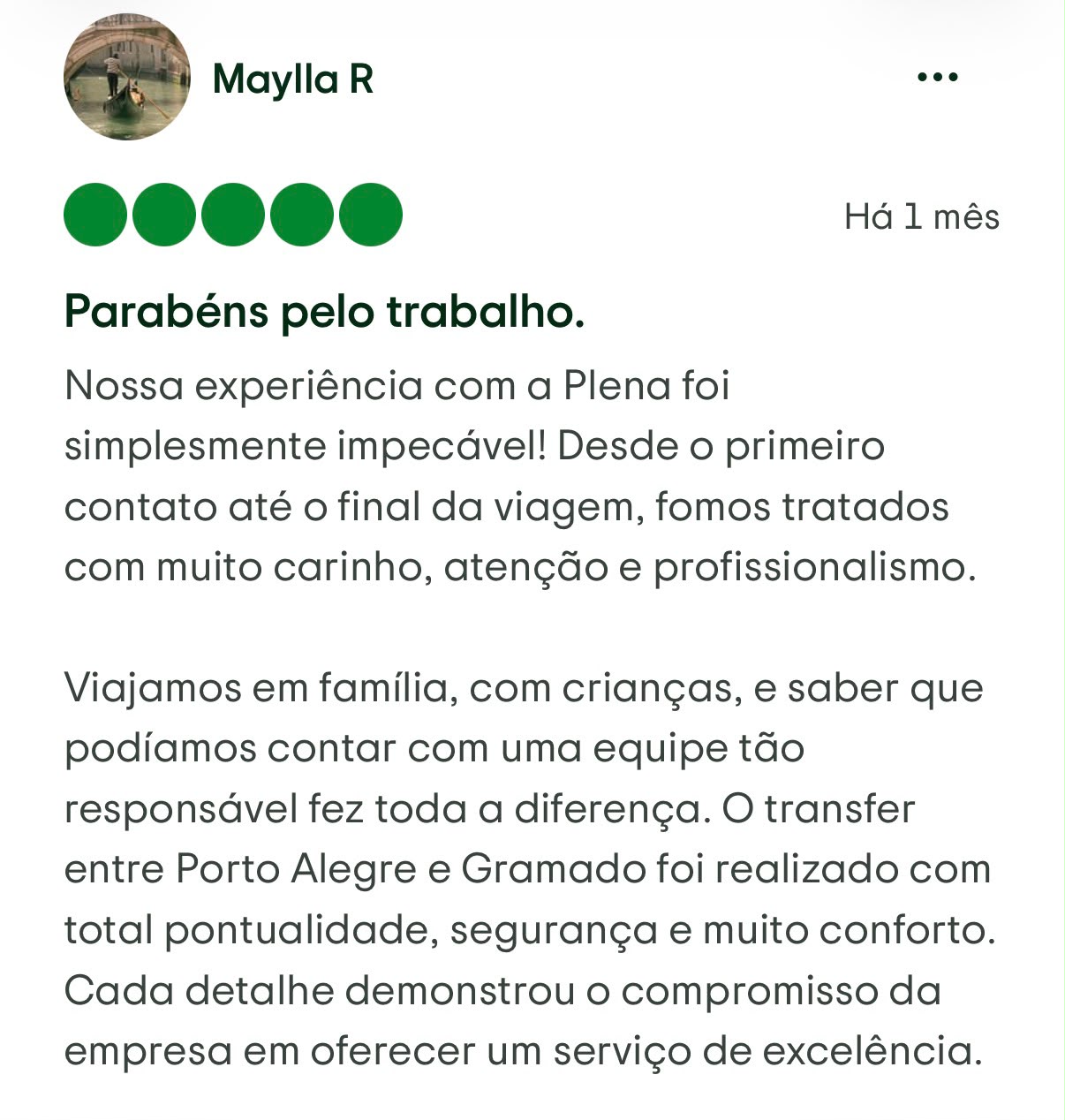Avaliação de cliente da Transfer Gramado RS