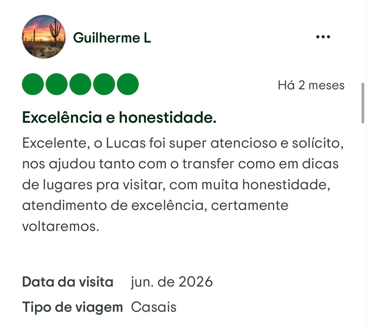 Avaliação de cliente da Transfer Gramado RS