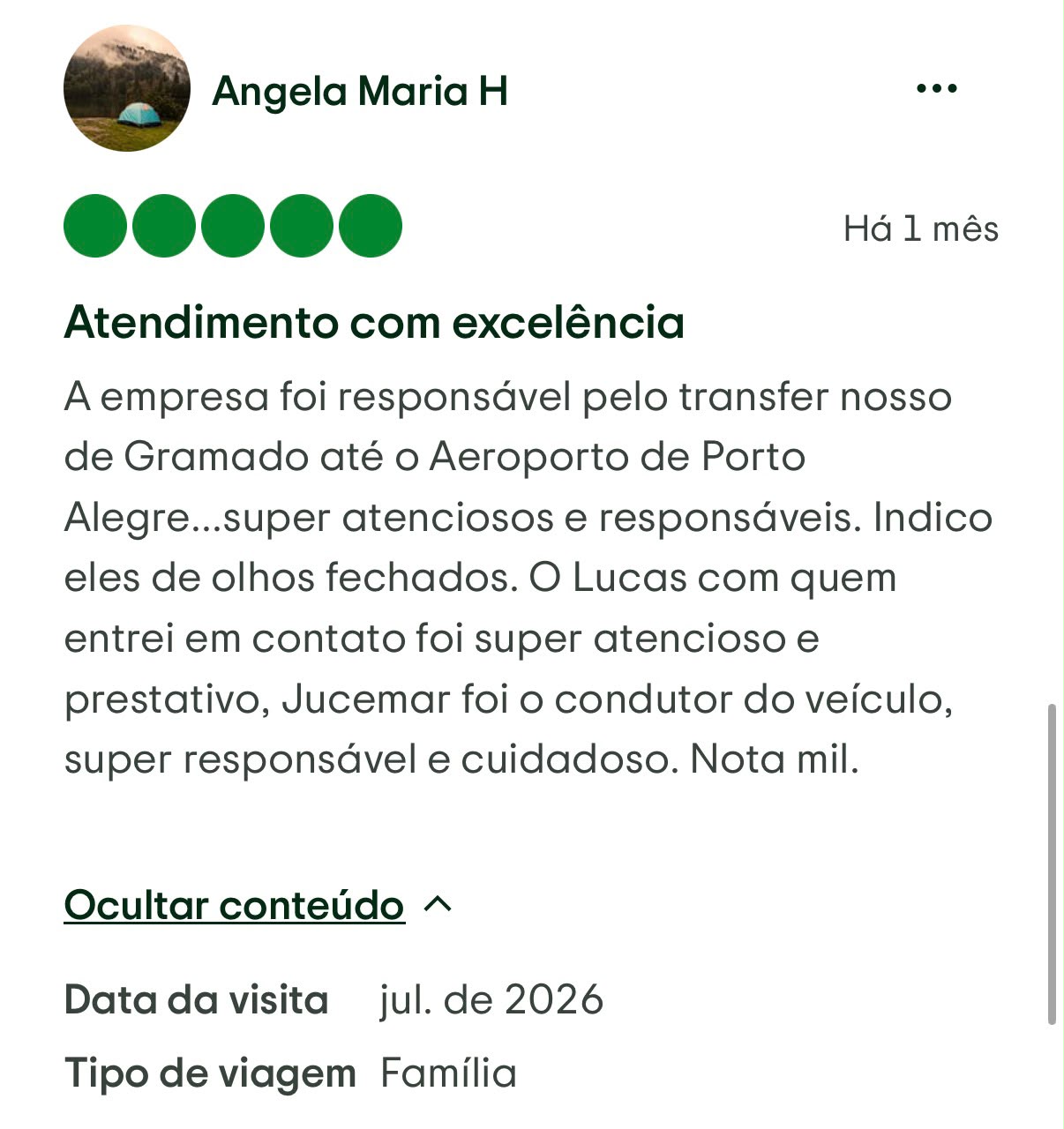 Avaliação de cliente da Transfer Gramado RS